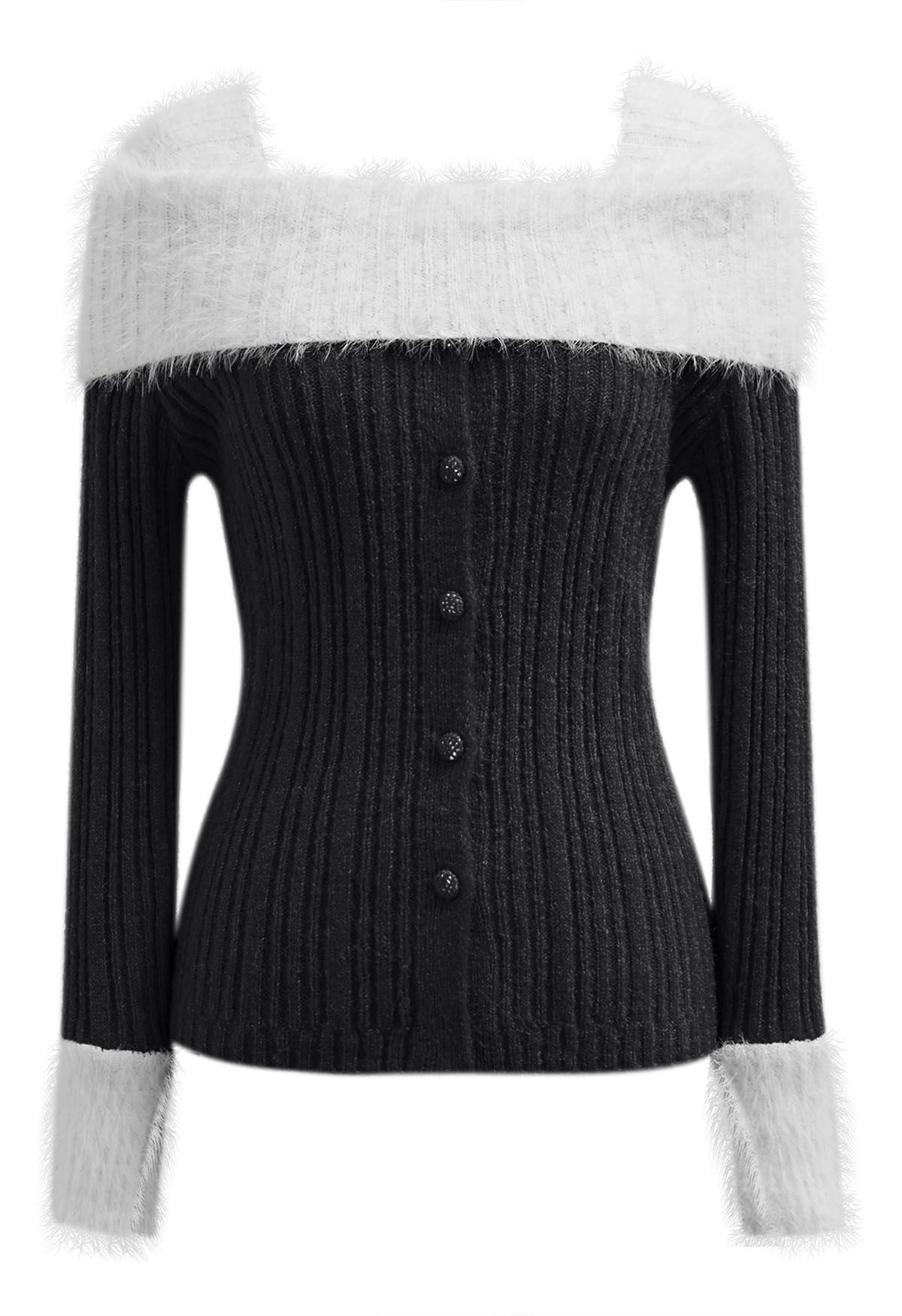 Contrast Fuzzy Folded Shoulder Button Knit Top in Black