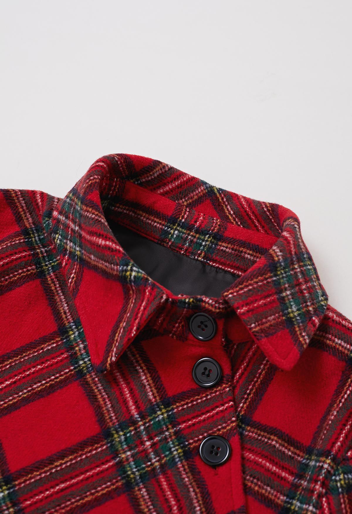 Button Wrap Tie Sash Tartan Cape Coat in Red