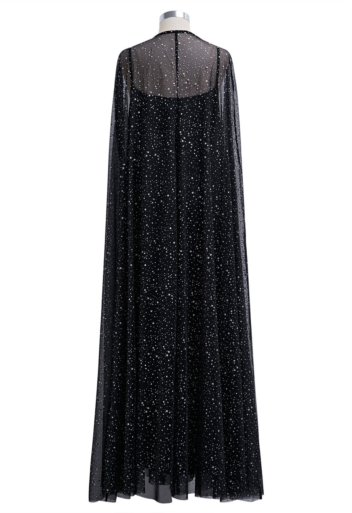 Glittery Mesh Maxi Cape Dress in Black