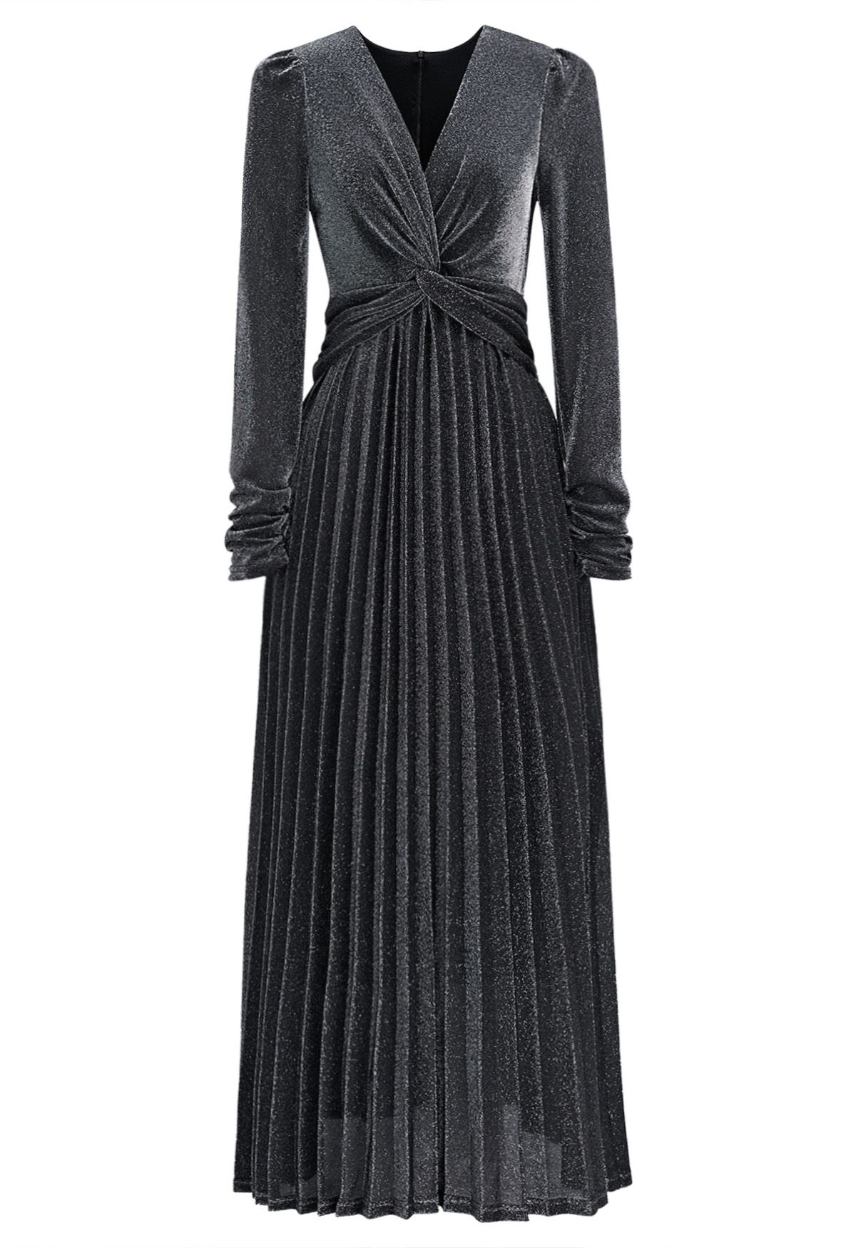 Glistening Twisted Front Pleated Maxi Dress in Smoke