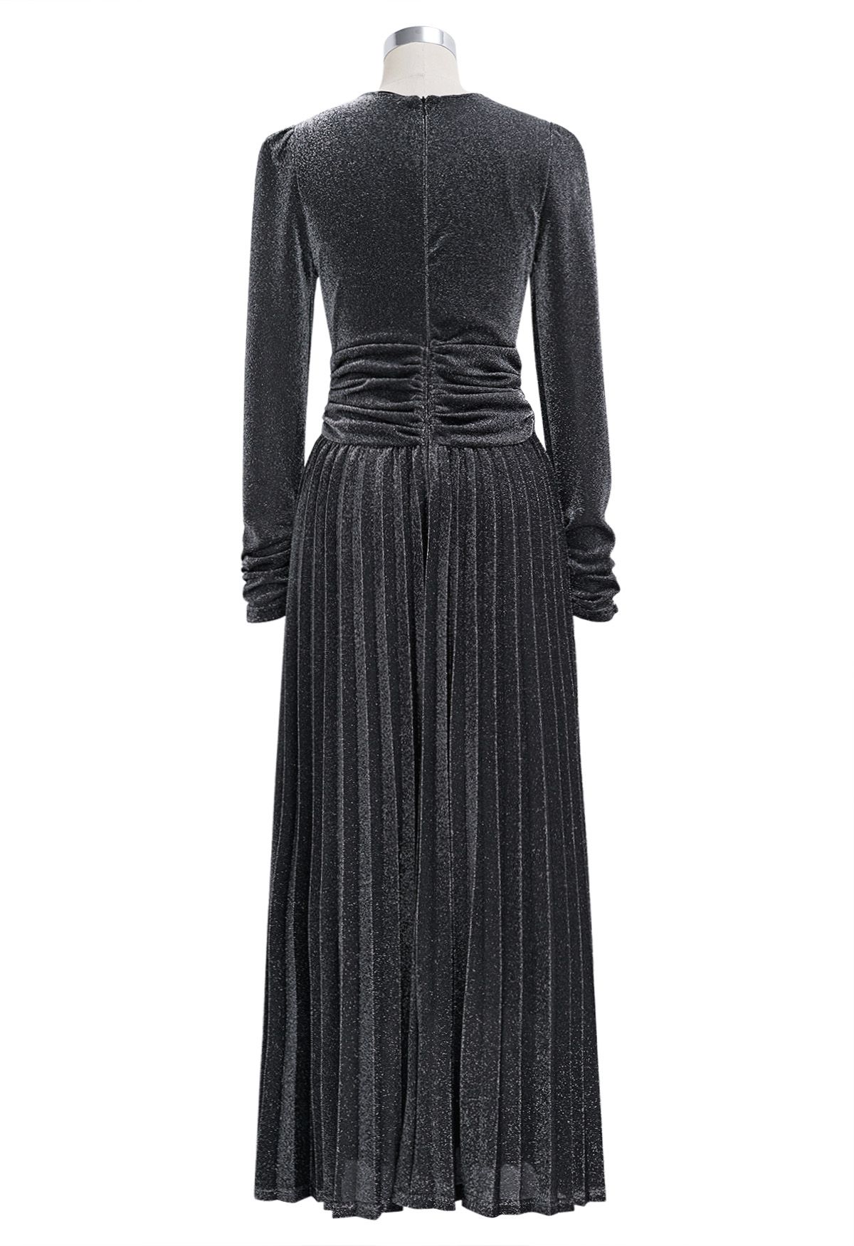 Glistening Twisted Front Pleated Maxi Dress in Smoke