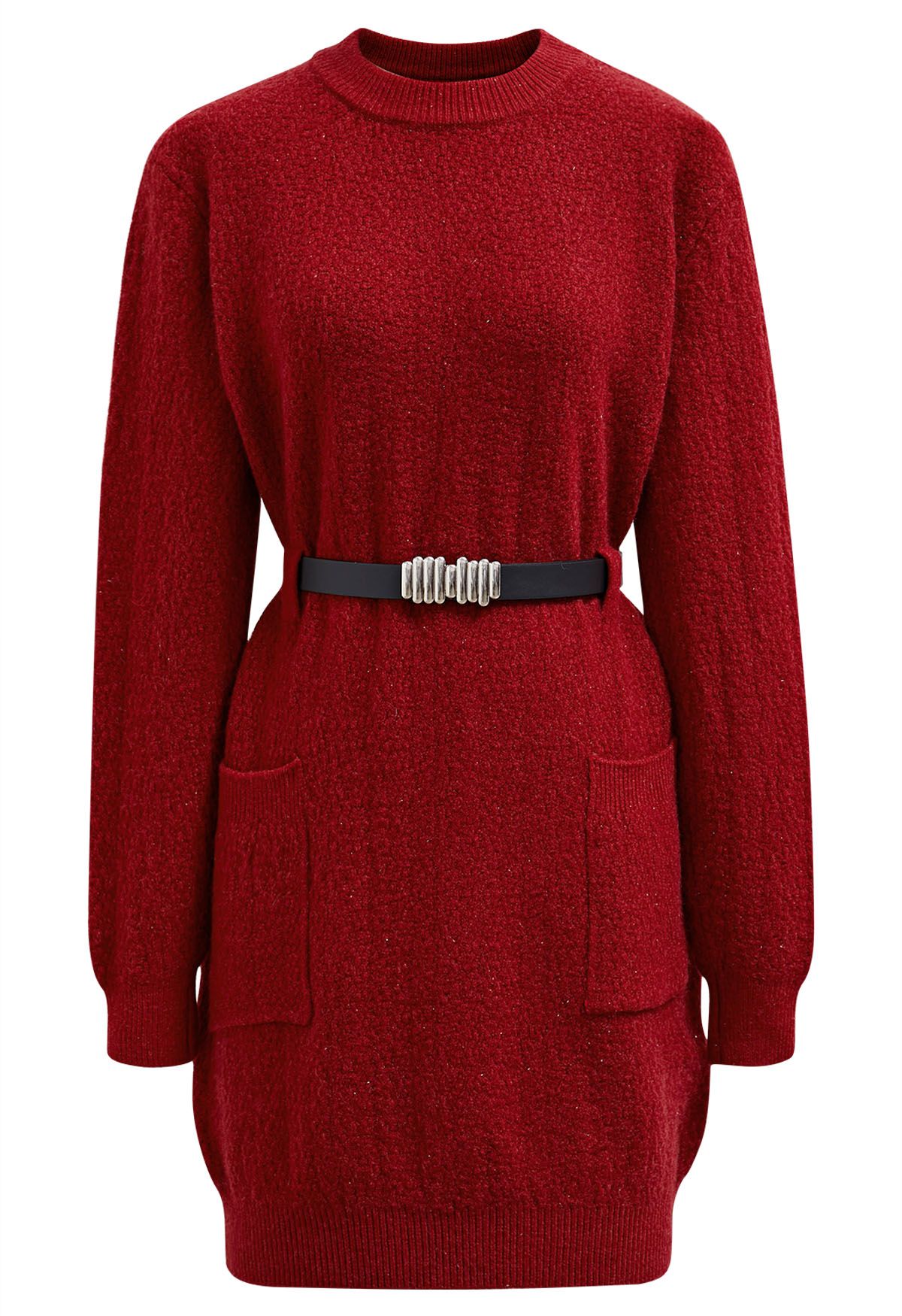 Patch Pocket Belted Mini Sweater Dress in Red