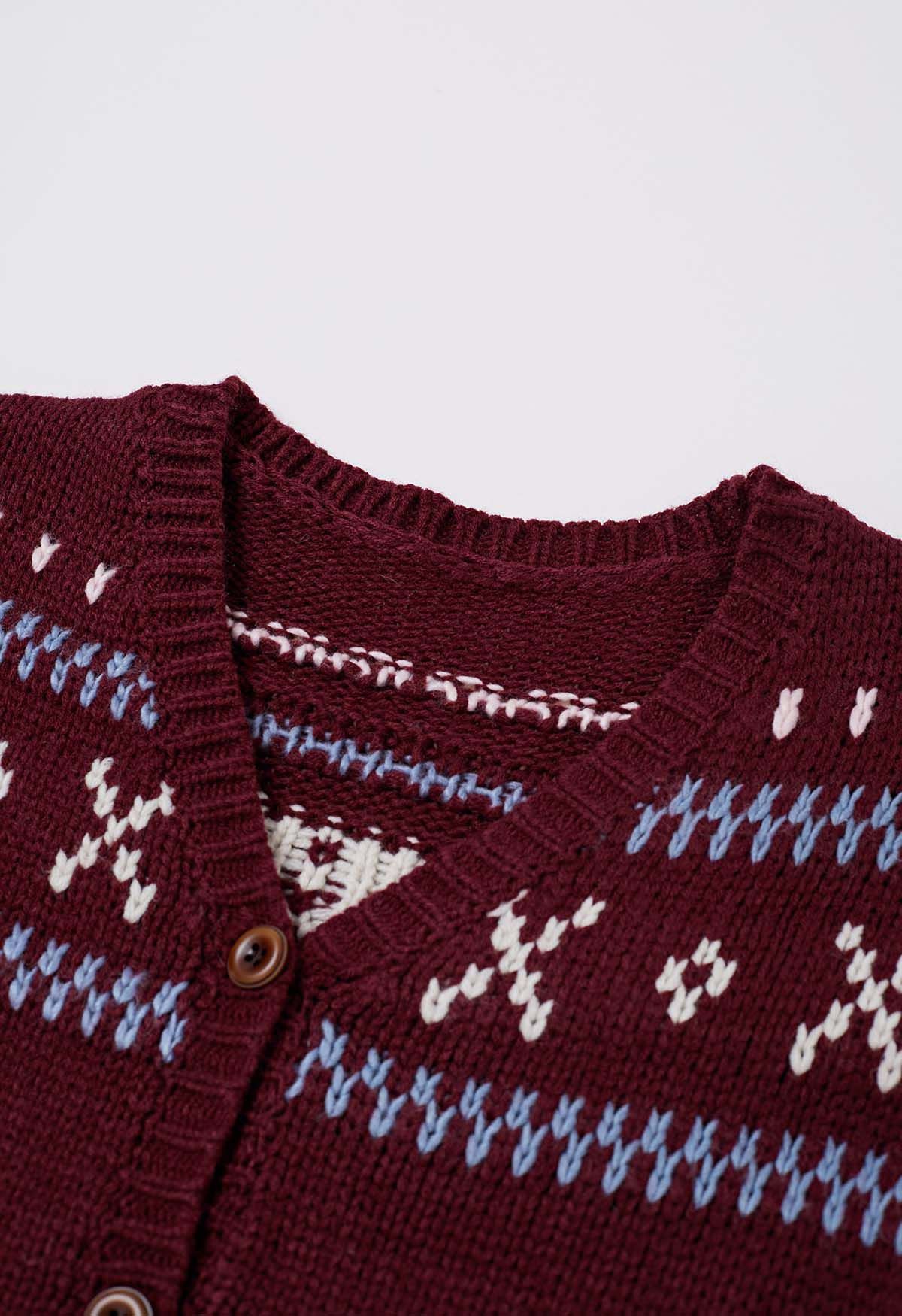 Cozy Fair Isle Button Down Knit Cardigan in Burgundy