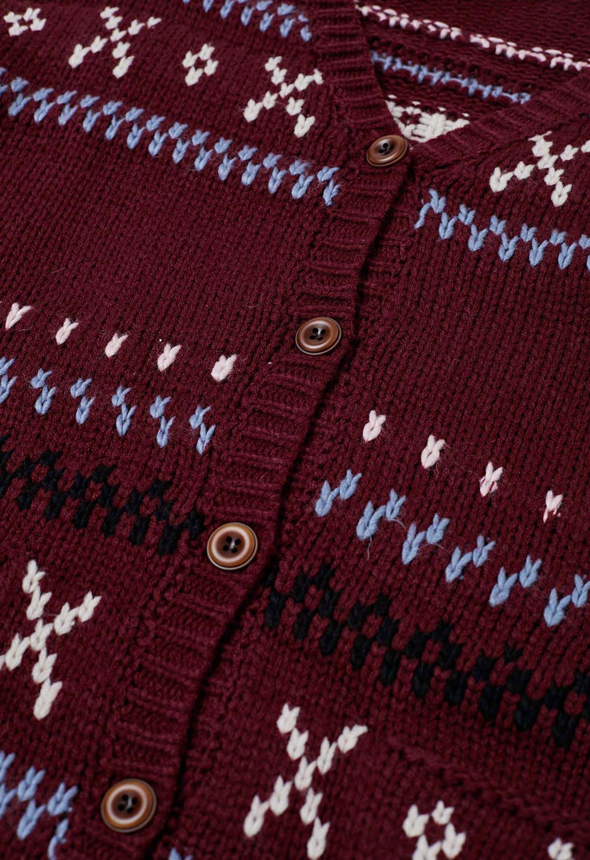 Cozy Fair Isle Button Down Knit Cardigan in Burgundy