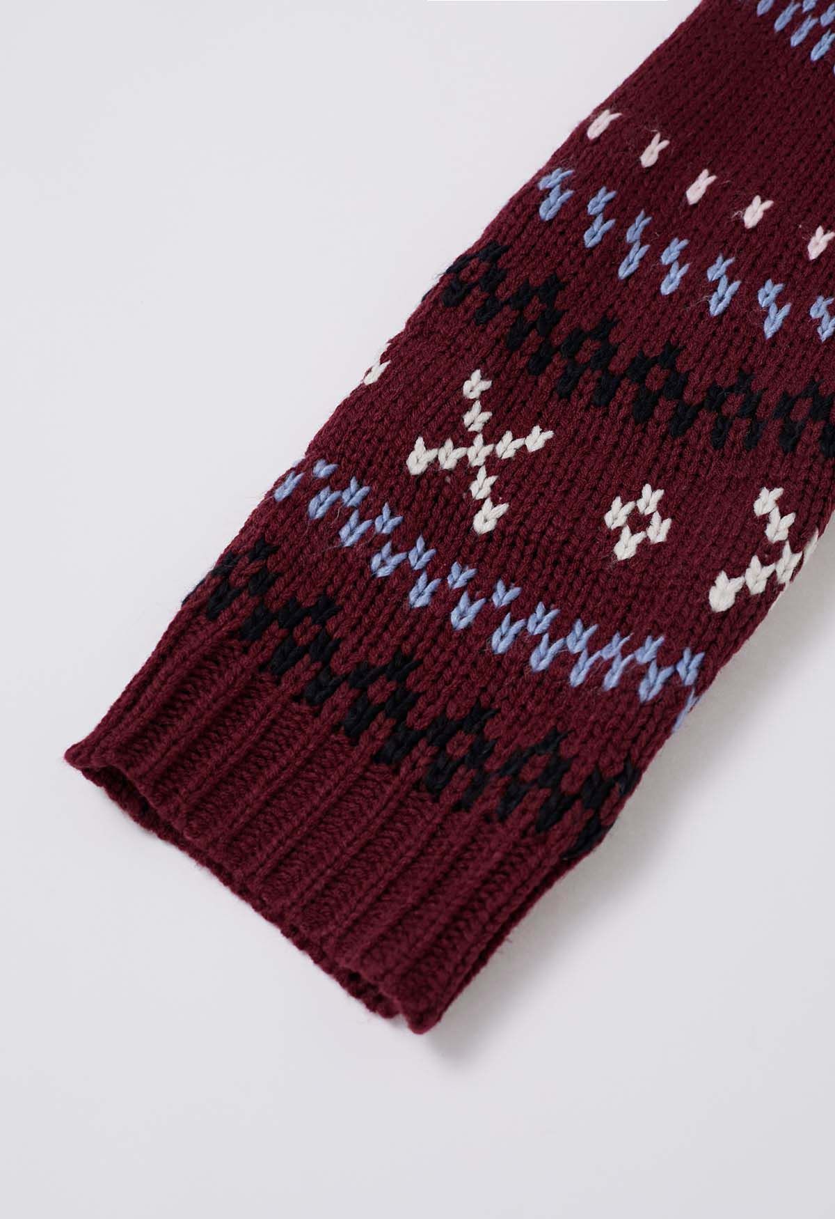 Cozy Fair Isle Button Down Knit Cardigan in Burgundy