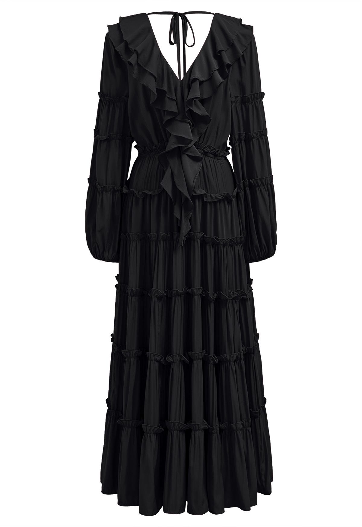 Dramatic Tiered Ruffles V-Neck Maxi Dress in Black