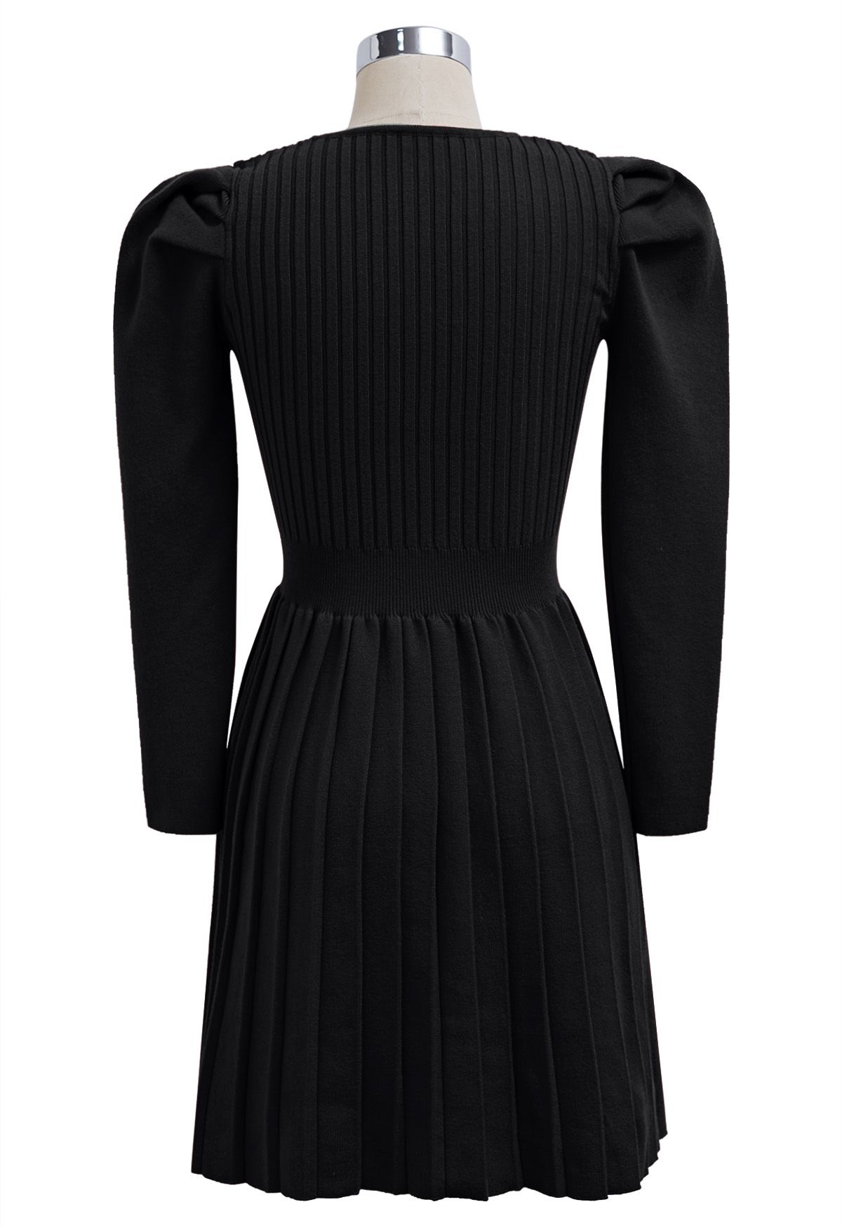 Delicate Bow Puff Sleeve Pleated Knit Mini Dress in Black