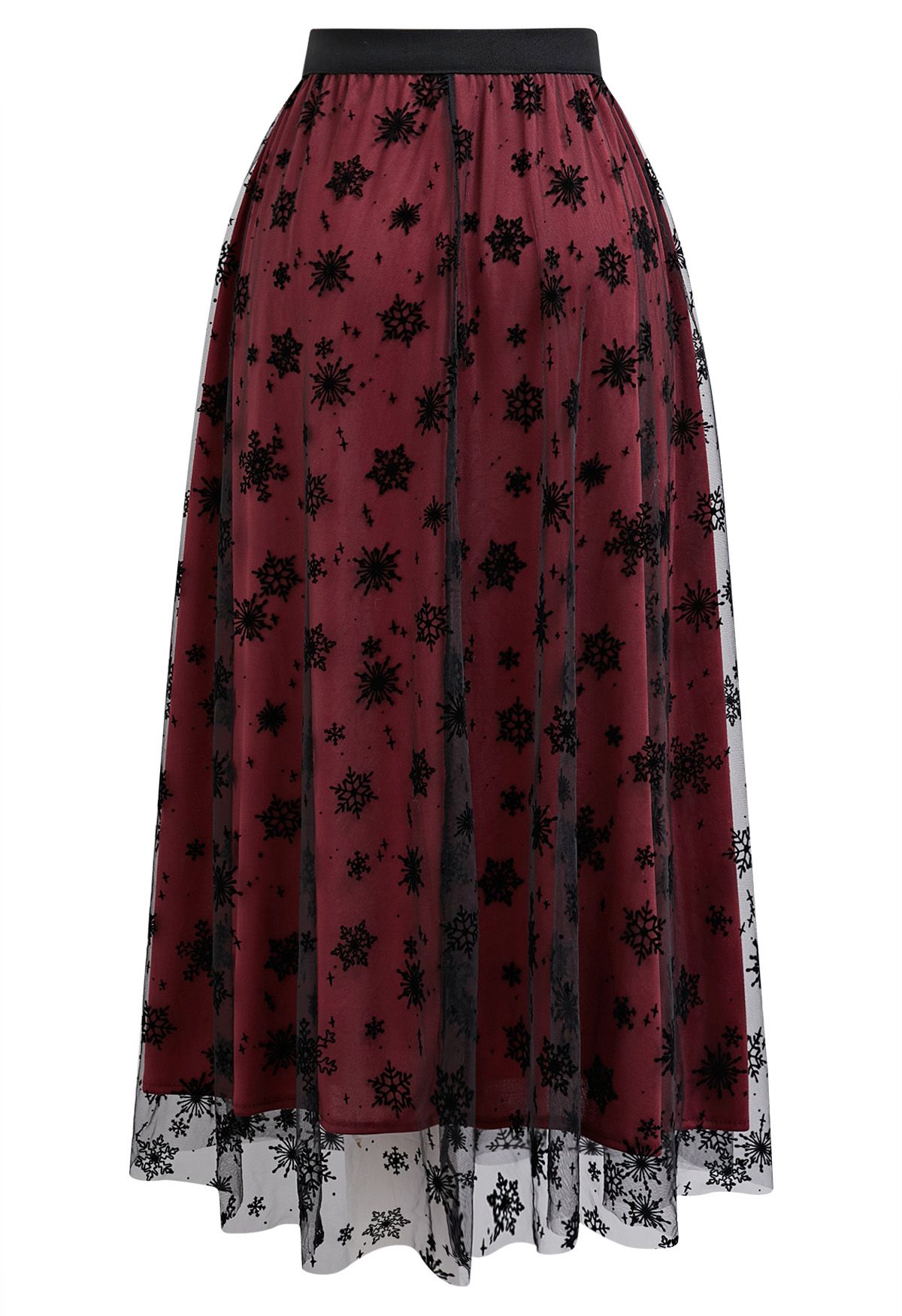 Falling Snowflake Mesh Tulle Midi Skirt in Burgundy