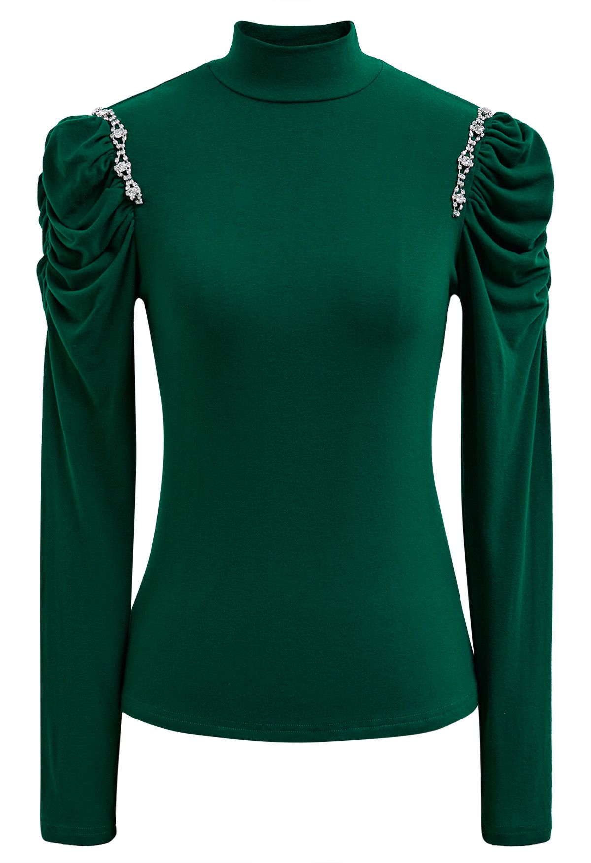 Rhinestone Decor Ruched Shoulder Mock Neck Top in Green