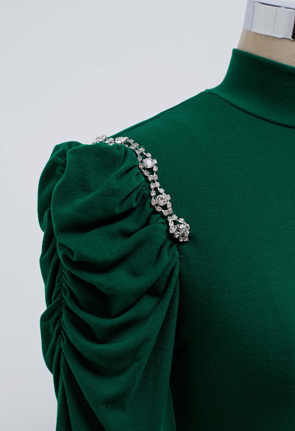 Rhinestone Decor Ruched Shoulder Mock Neck Top in Green