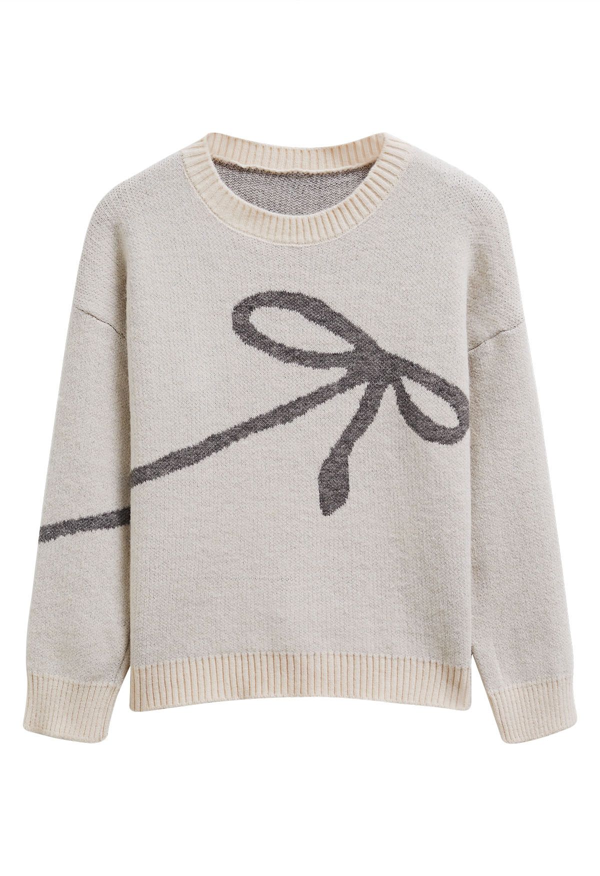 Contrast Color Boucle Bow Knit Sweater in Ivory