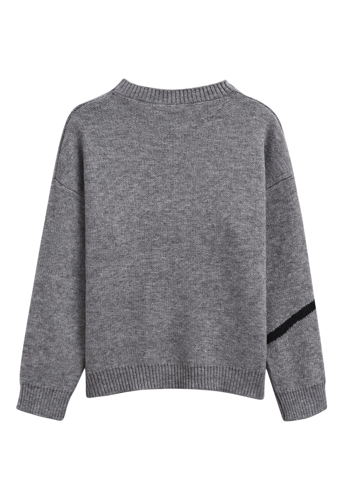 Contrast Color Boucle Bow Knit Sweater in Grey