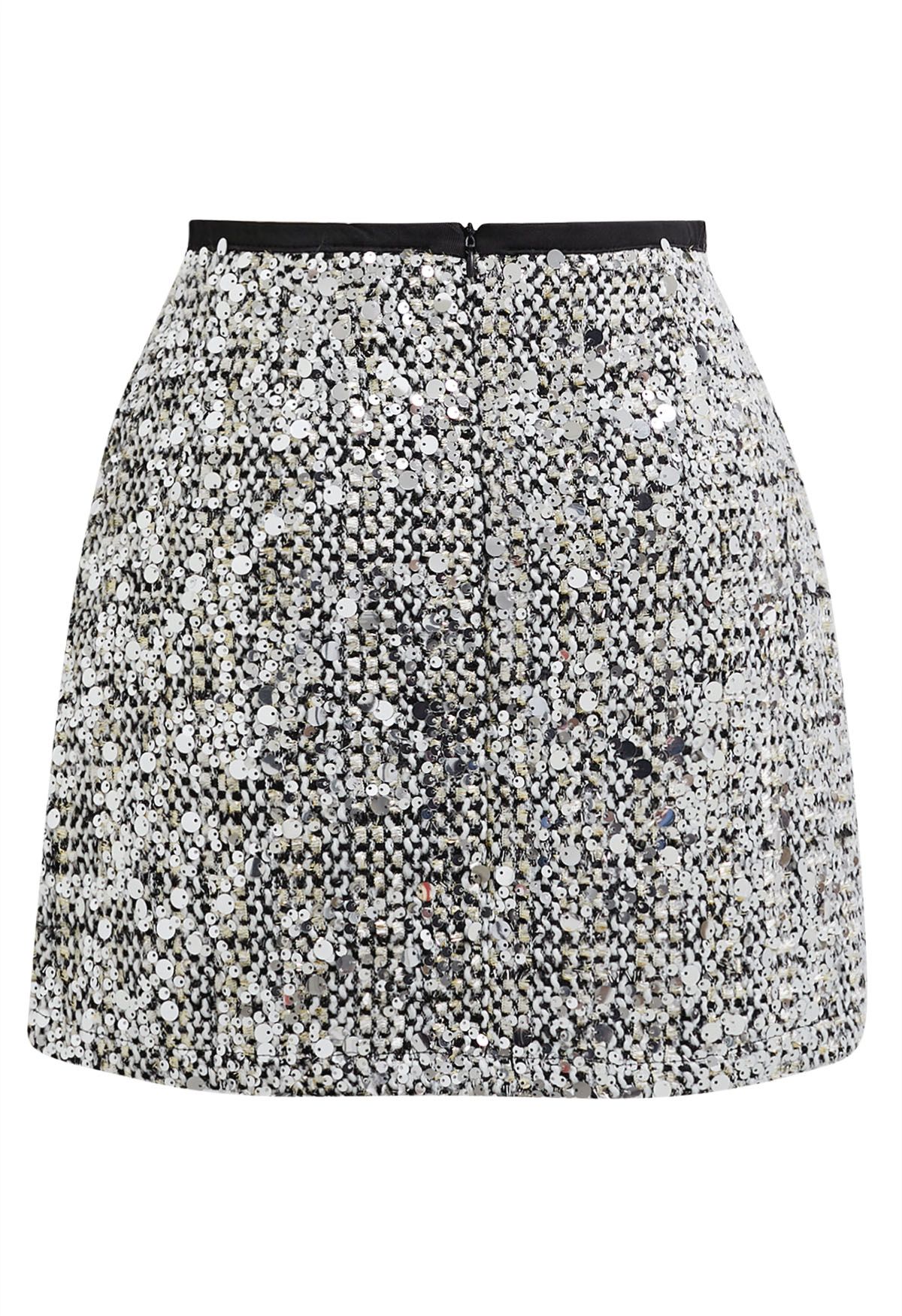 Silver Sequin Embellishment Tweed Mini Skirt