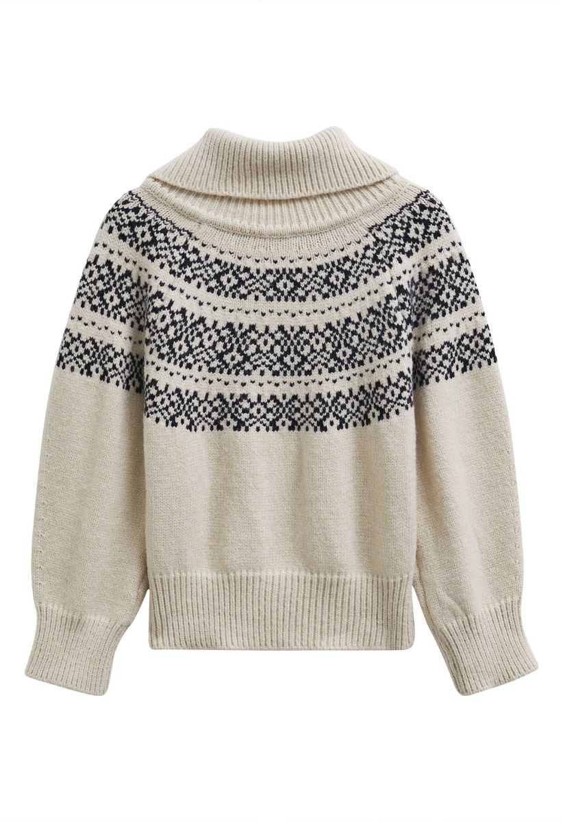 Double-Zip Fair Isle Jacquard Knit Cardigan in Cream