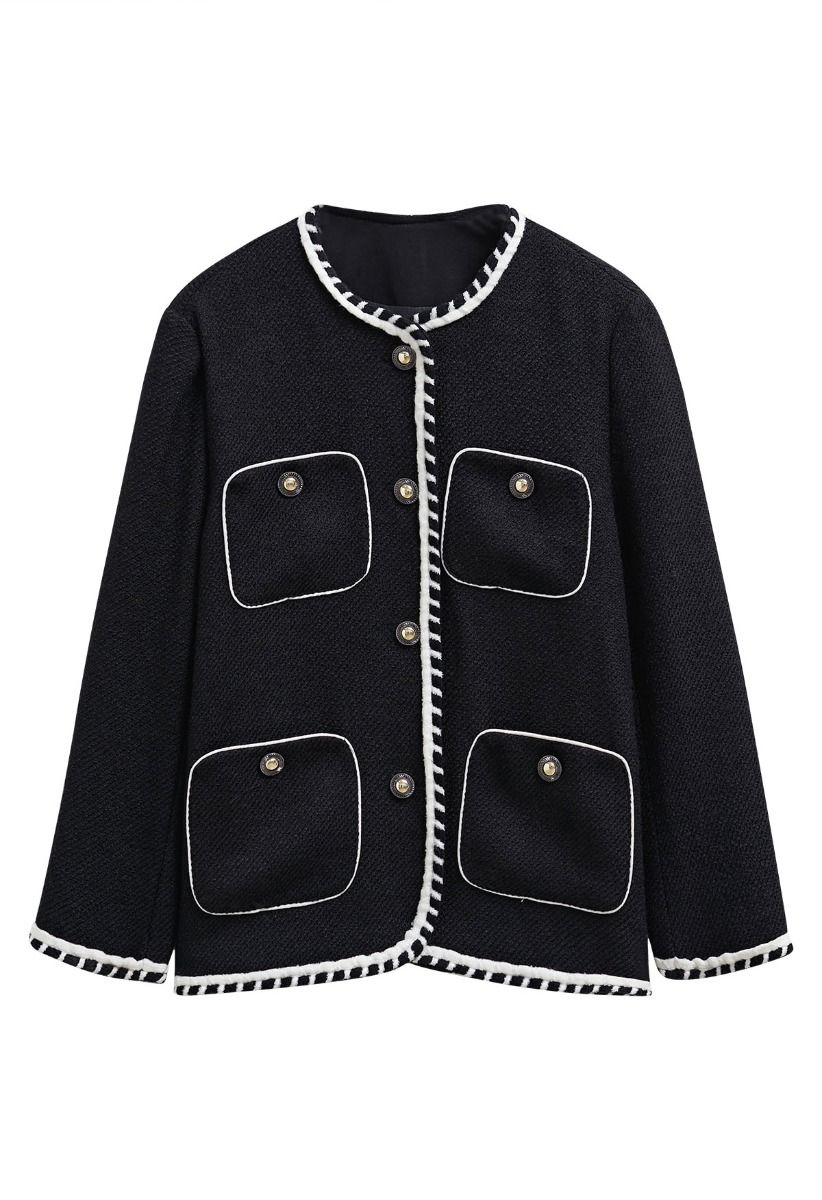 Contrast Edge Buttoned Wool Tweed Coat