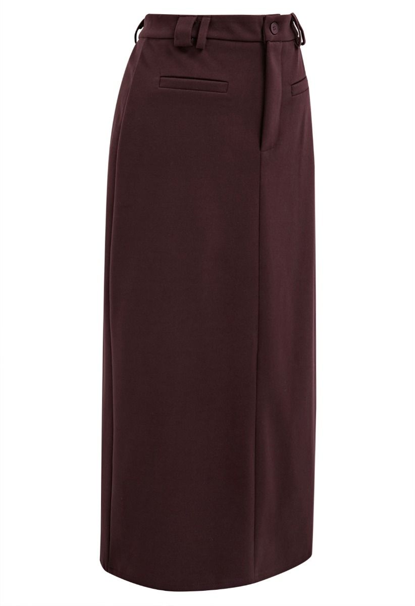 Everyday High-Waisted Back Split Midi Skirt in Burgundy