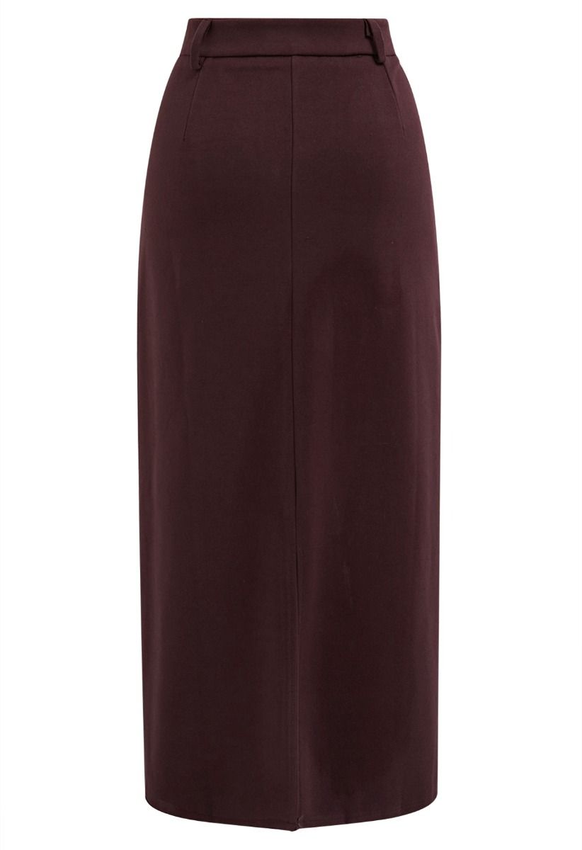 Everyday High-Waisted Back Split Midi Skirt in Burgundy