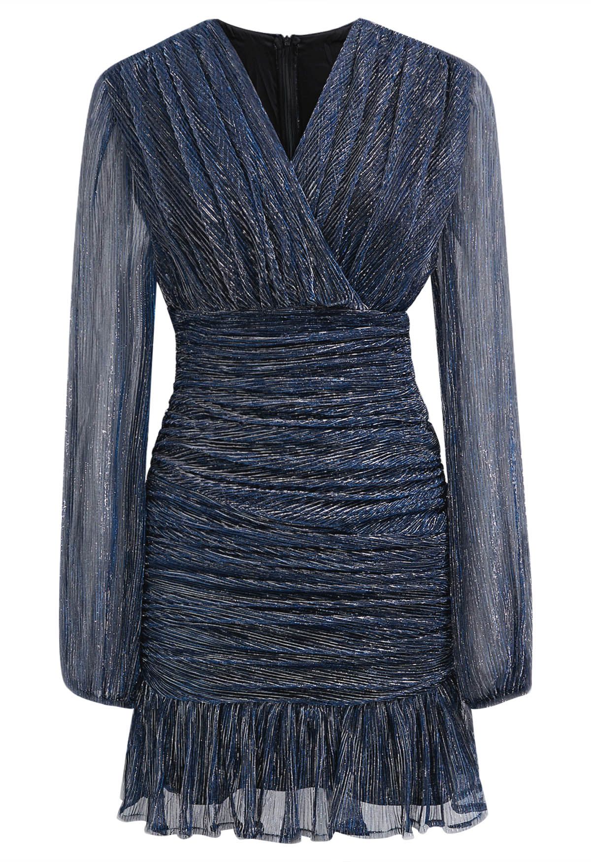 Elegant Sparkle Ruched Mesh Cocktail Dress in Navy