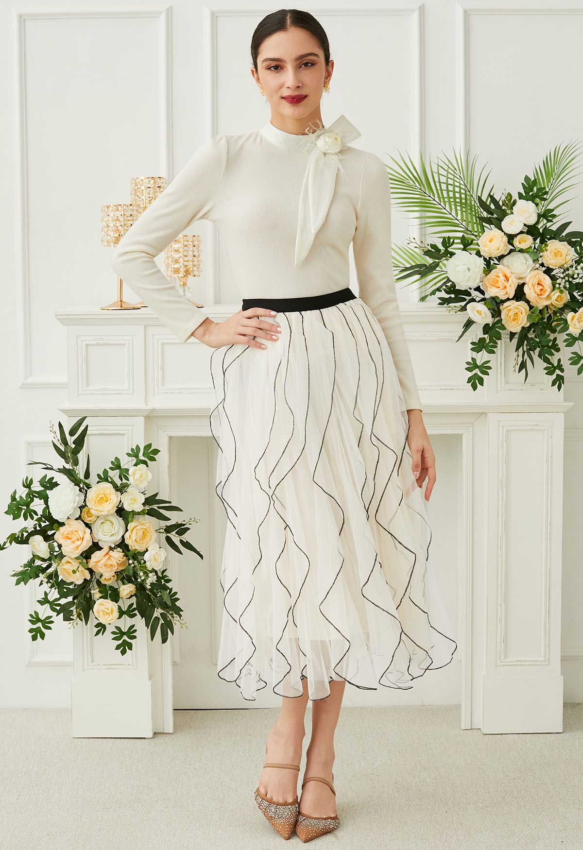 Rippling Attraction Panelled Mesh Tulle Skirt in Cream