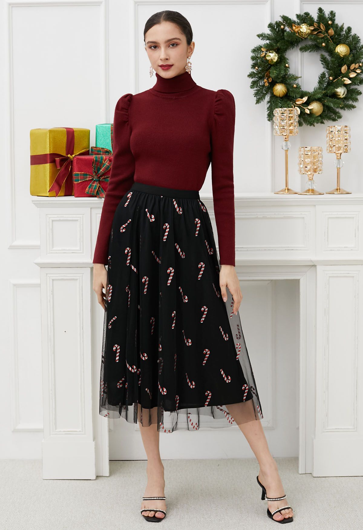 Shimmer Candy Cane Mesh Tulle Midi Skirt in Black