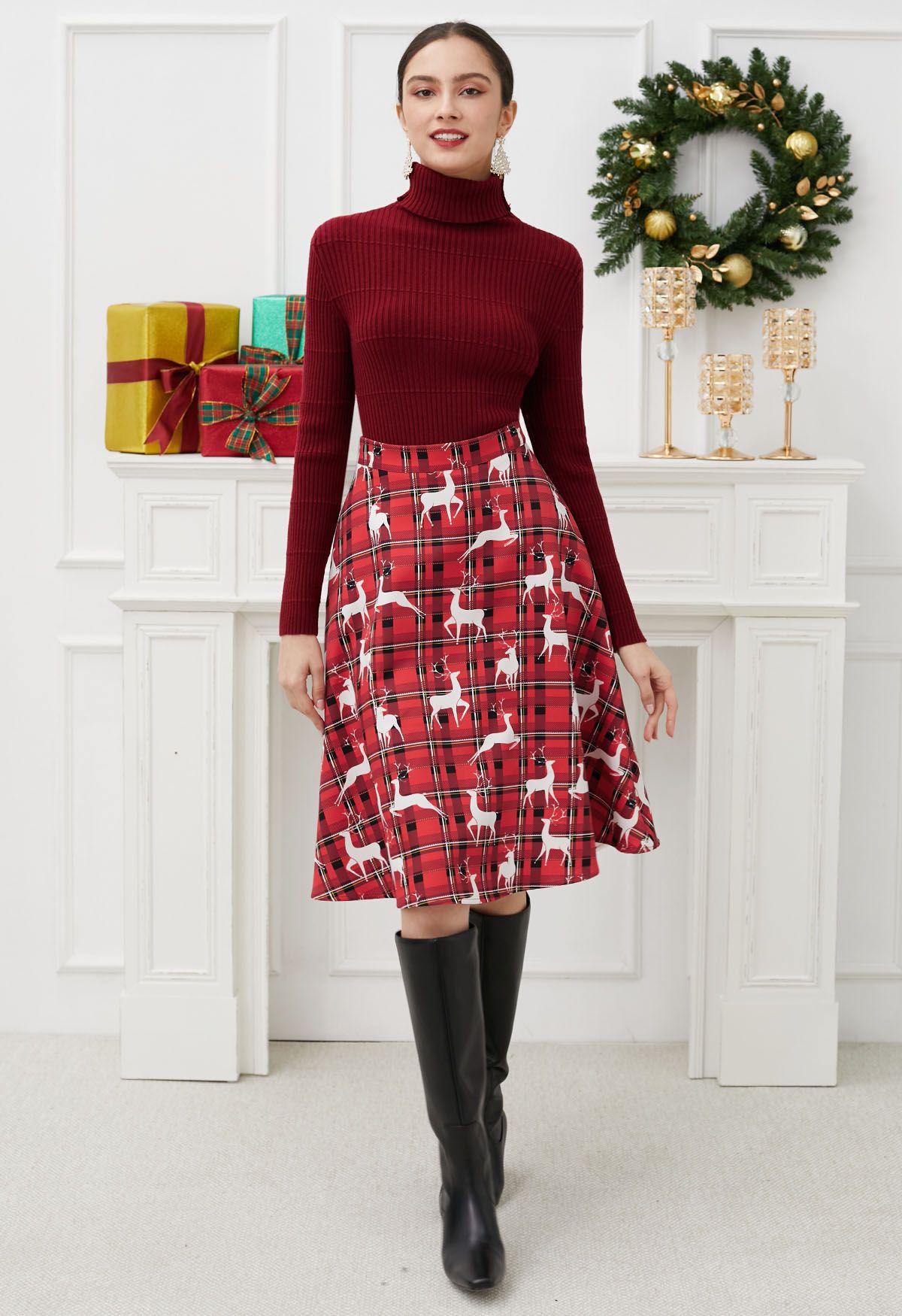 Festive Reindeer Plaid Flare Midi Skirt