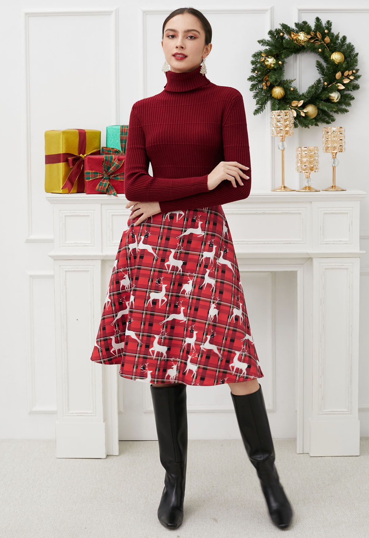 Festive Reindeer Plaid Flare Midi Skirt