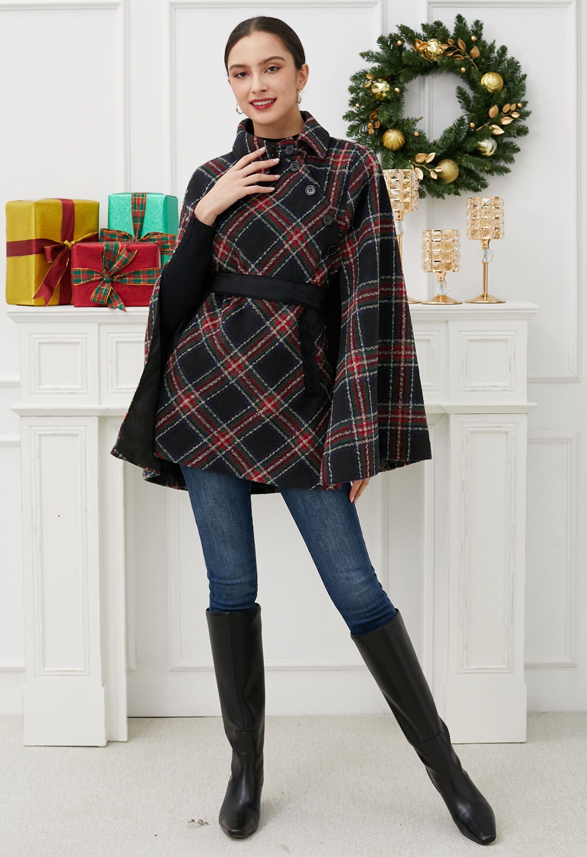 Button Wrap Tie Sash Tartan Cape Coat in Black