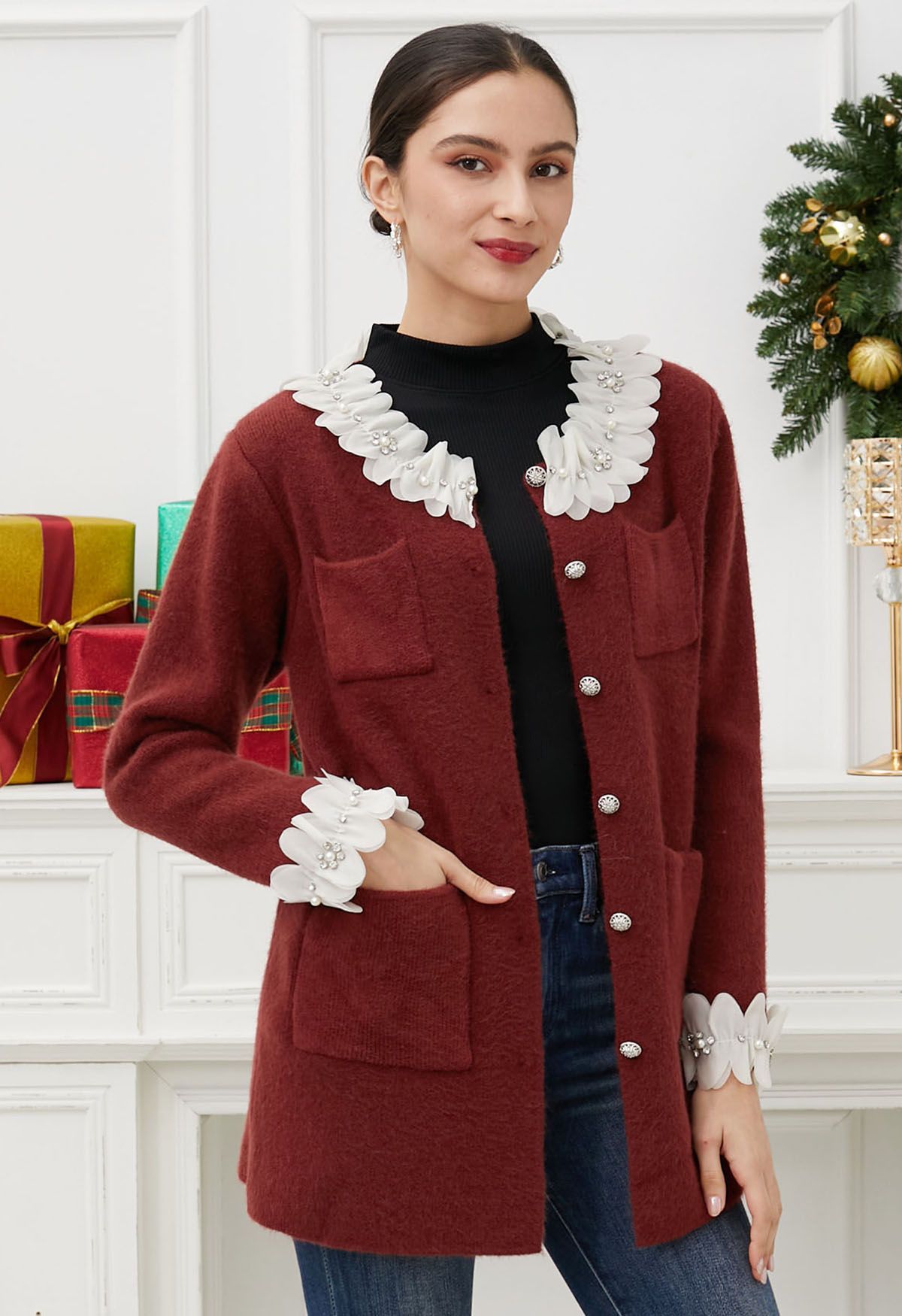 3D Petal Neckline Patch Pocket Knit Cardigan in Burgundy