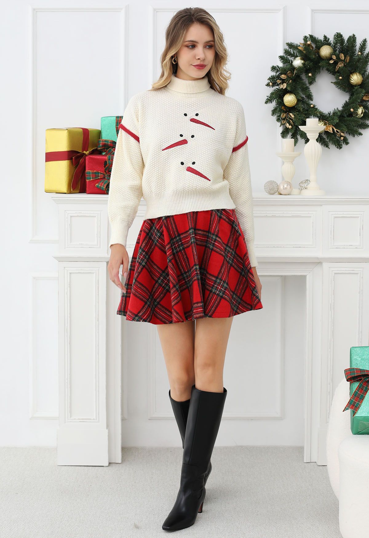 Playful Snowman Embroidery Turtleneck Waffle Knit Sweater