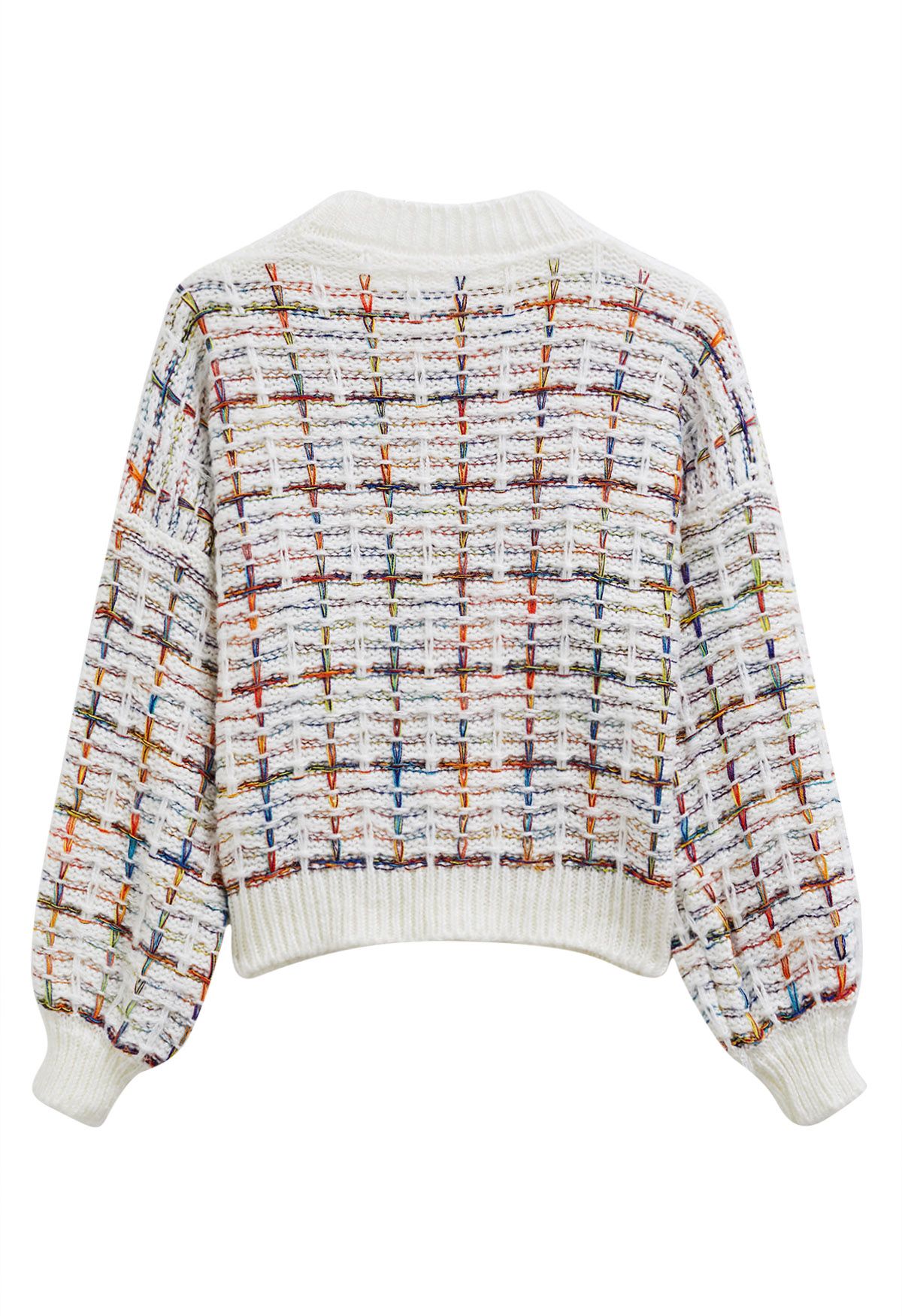 Color-Accented Grid Knit Sweater in White