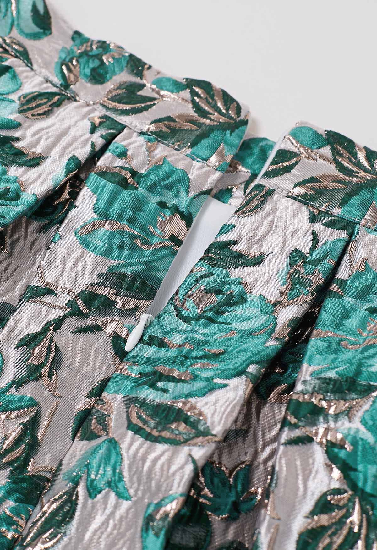 Teal Rose Embossed Jacquard A-Line Midi Skirt