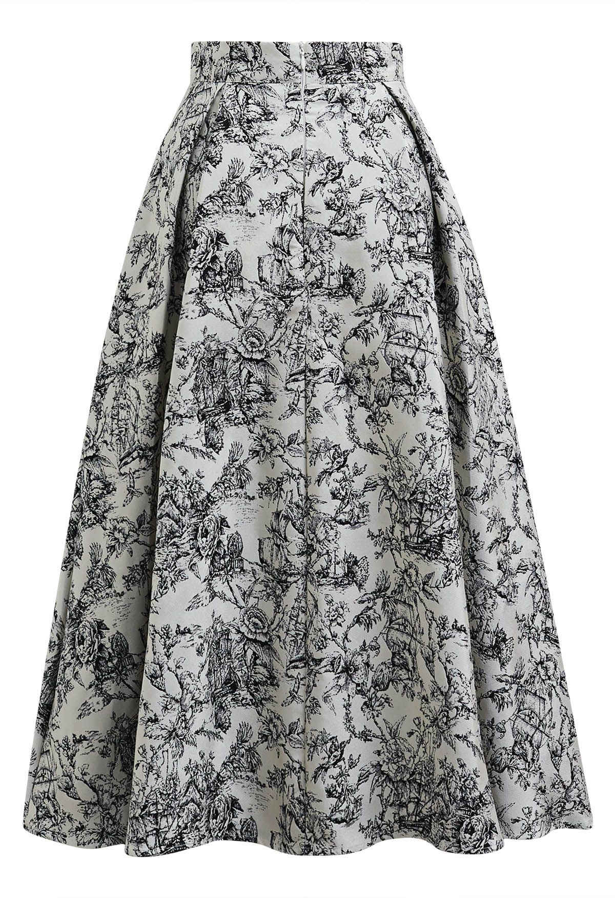 Graceful Inky Floral Jacquard A-Line Midi Skirt