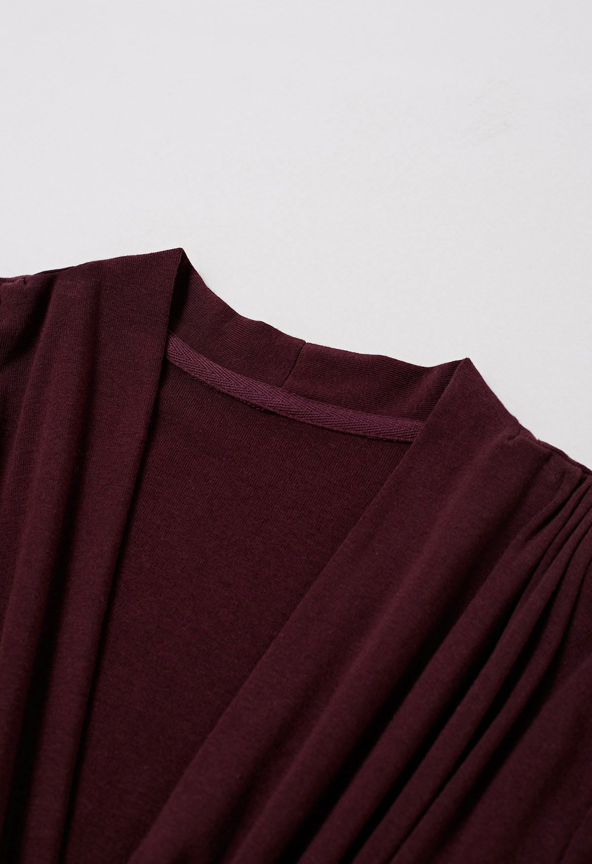 Faux-Wrap Ruched Top with Choker in Burgundy