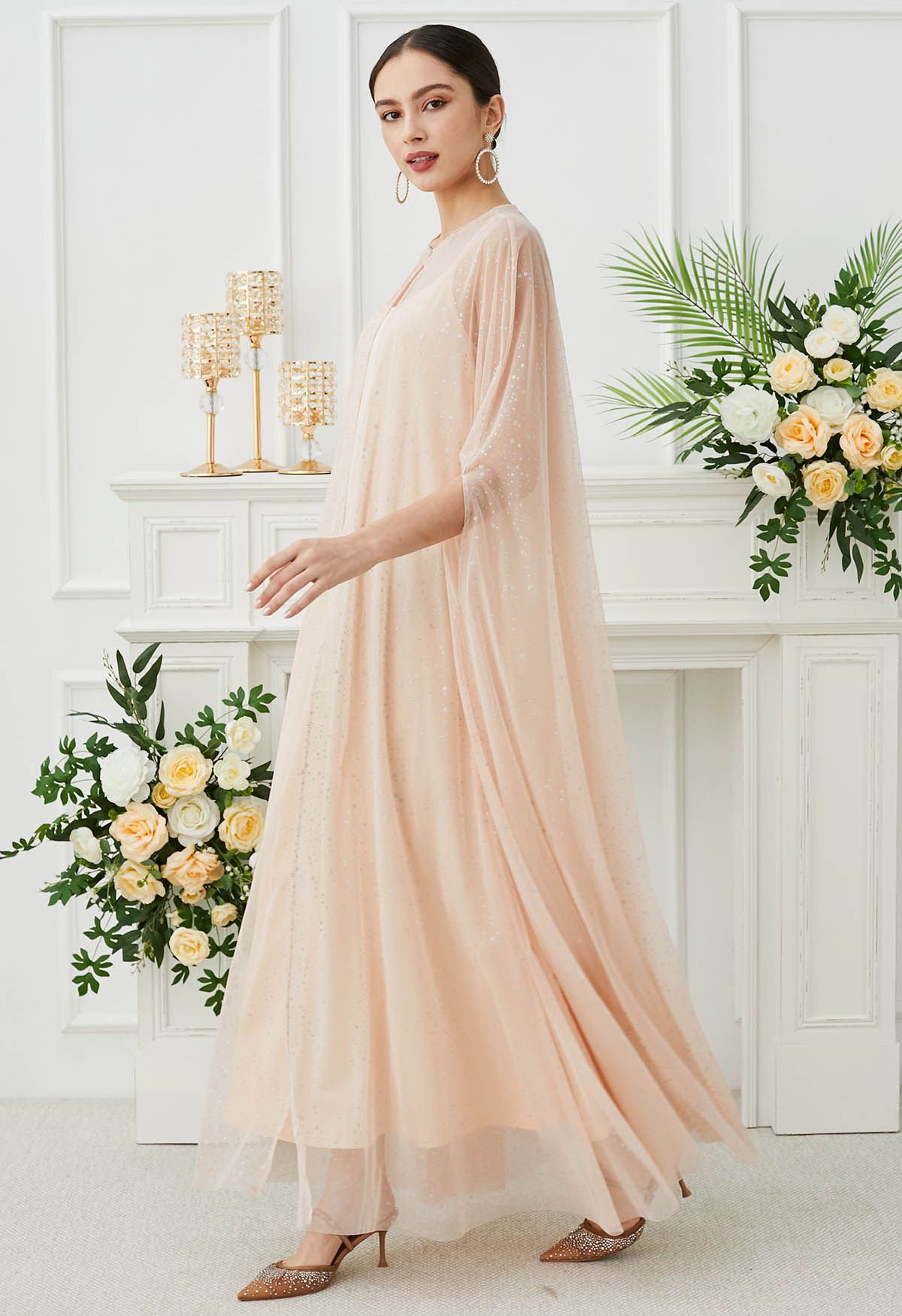 Glittery Mesh Maxi Cape Dress in Apricot