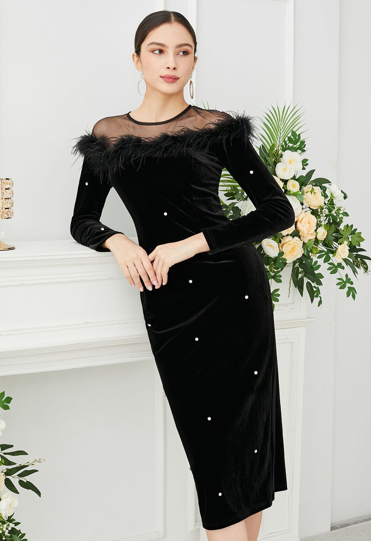 Rhinestone Decor Velvet Feather Midi Dress