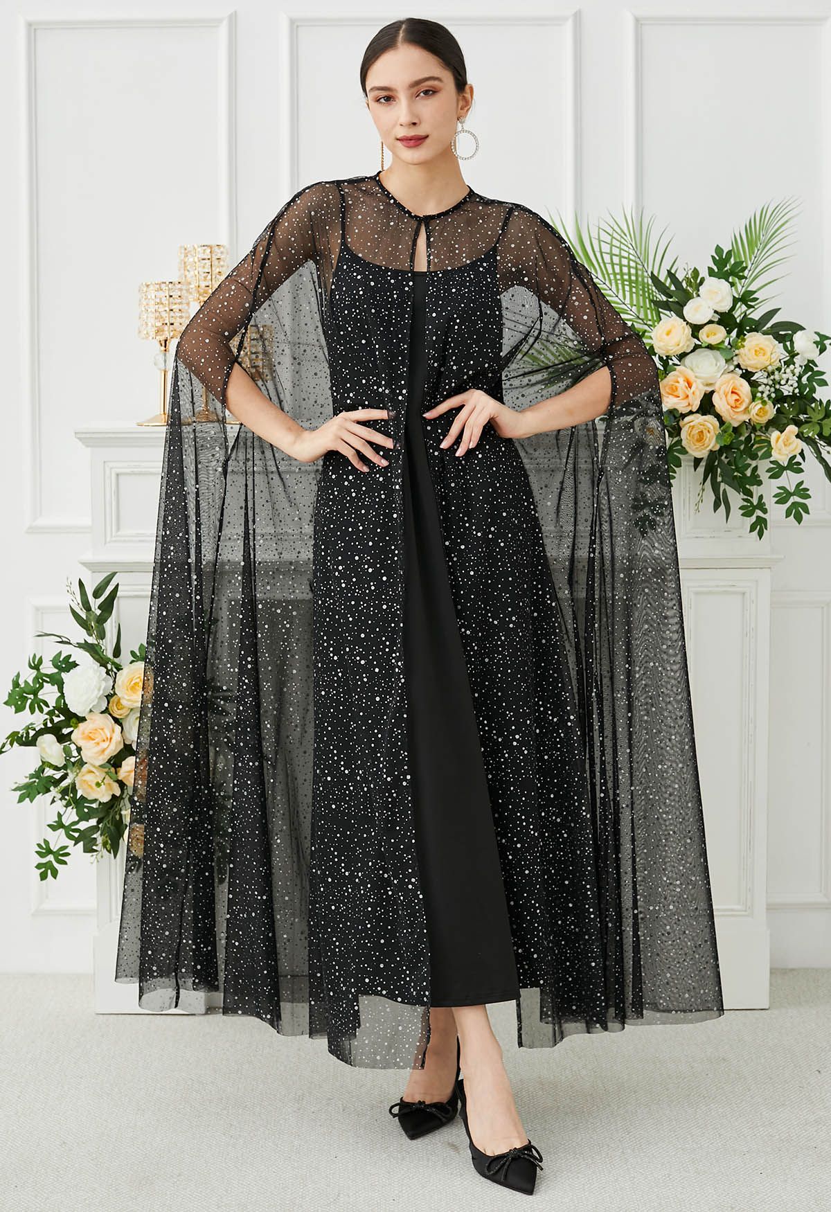 Glittery Mesh Maxi Cape Dress in Black