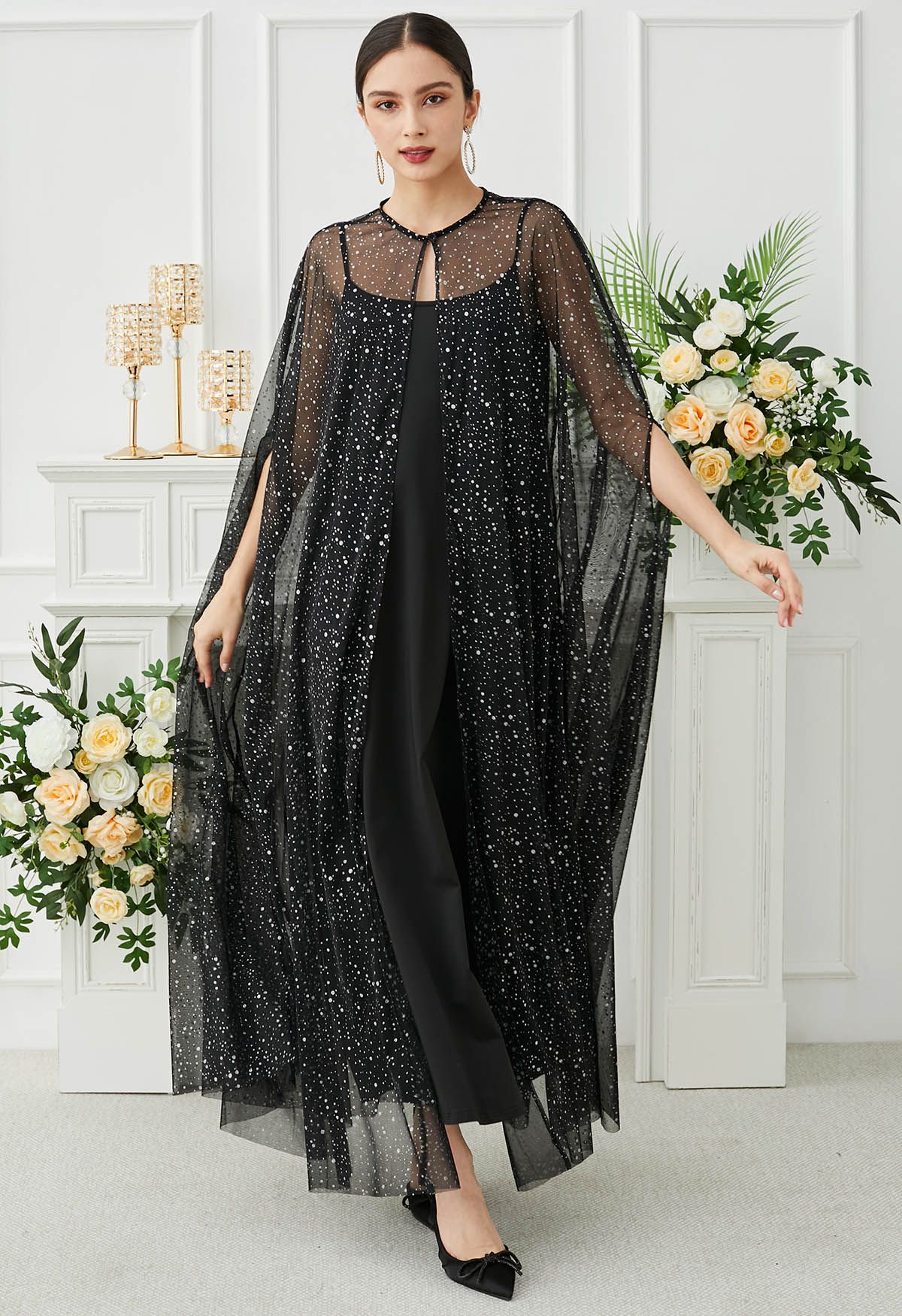 Glittery Mesh Maxi Cape Dress in Black