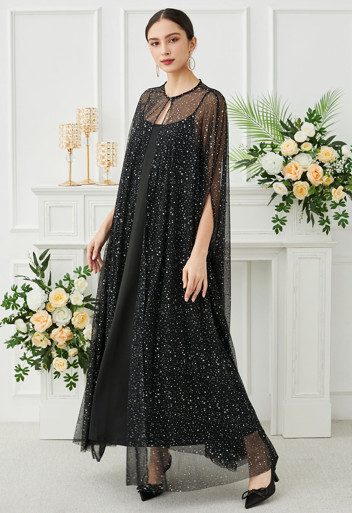 Glittery Mesh Maxi Cape Dress in Black