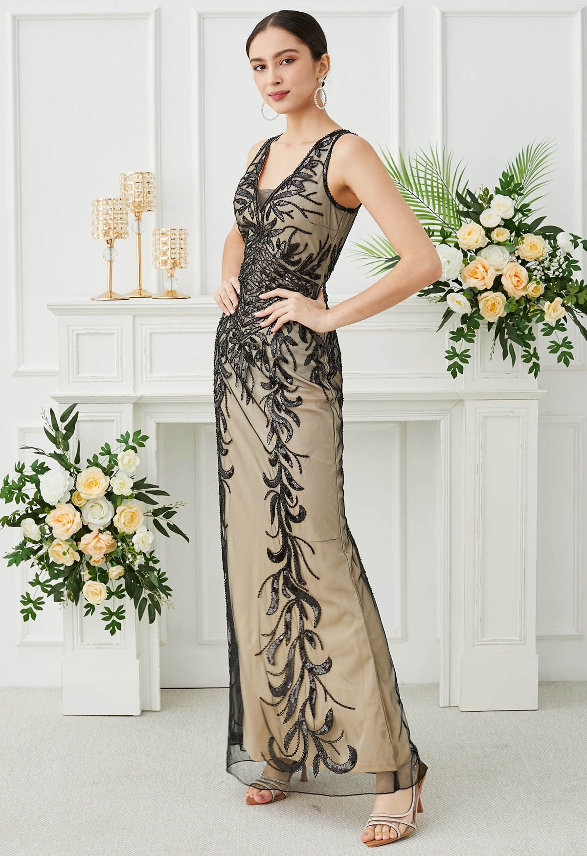 Leaves Sequin V-Neck Mesh Sleeveless Gown in Black