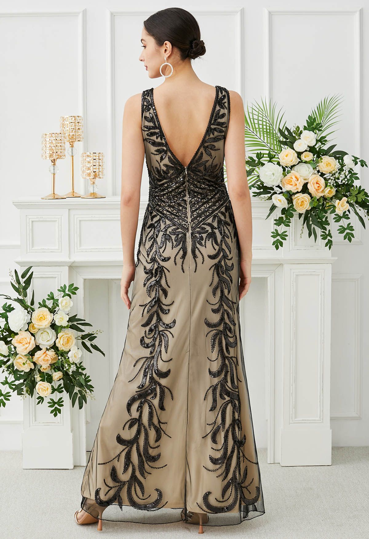 Leaves Sequin V-Neck Mesh Sleeveless Gown in Black