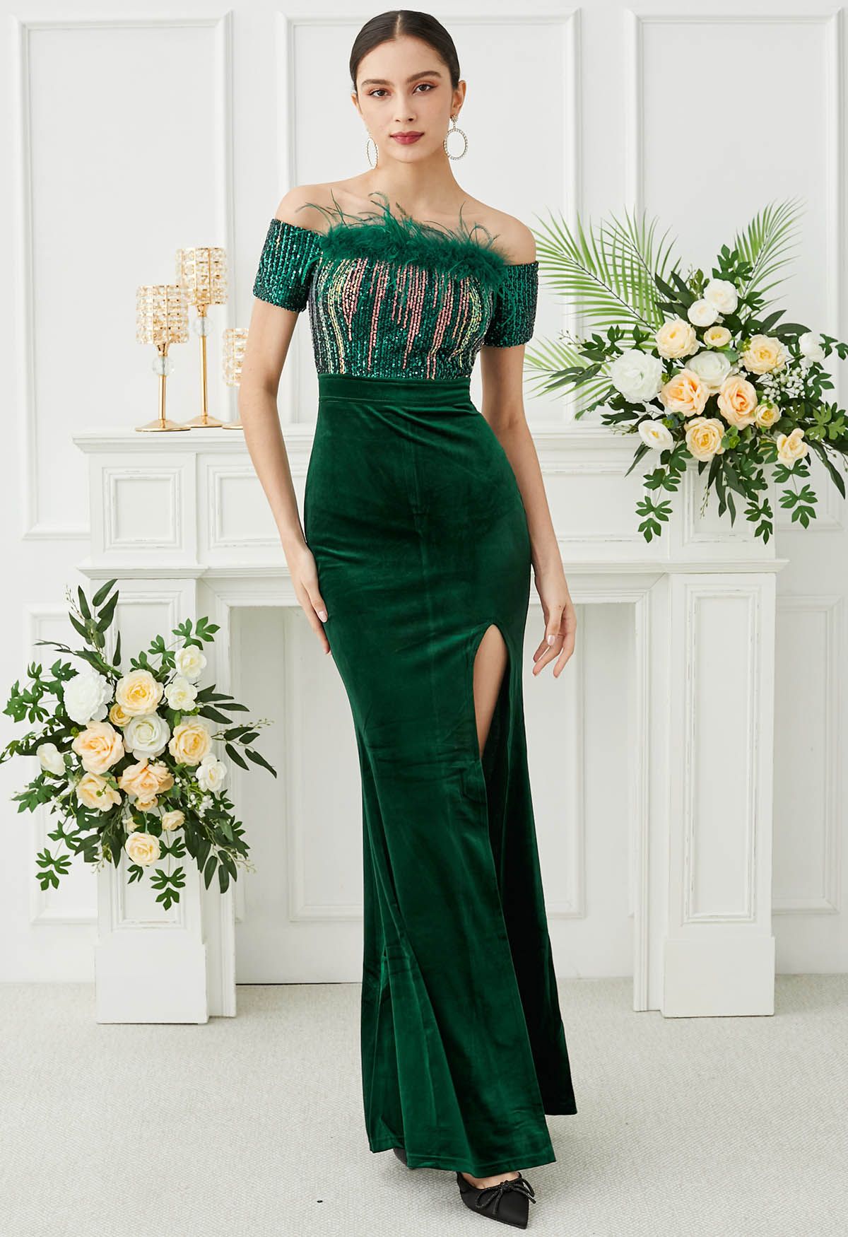 Off-Shoulder Feather Sequin High Slit Gown in Emerald