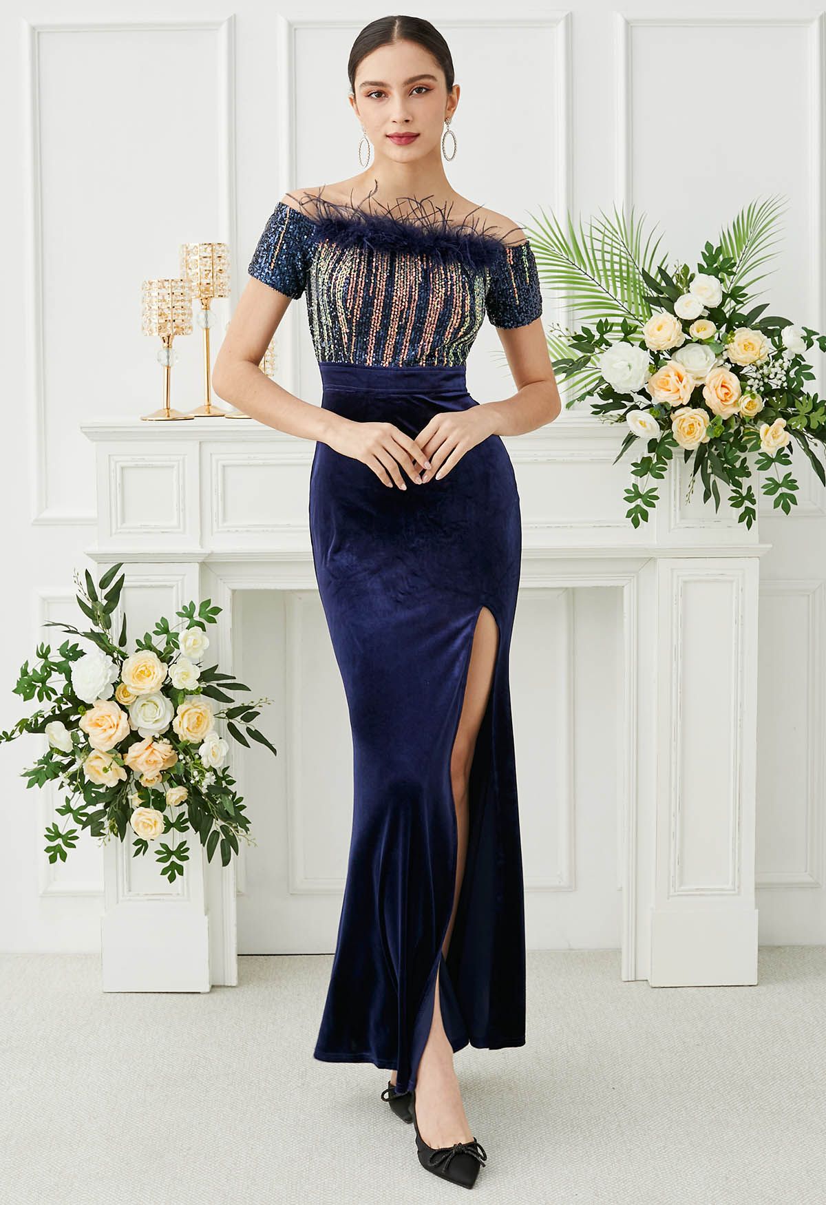 Off-Shoulder Feather Sequin High Slit Gown in Navy