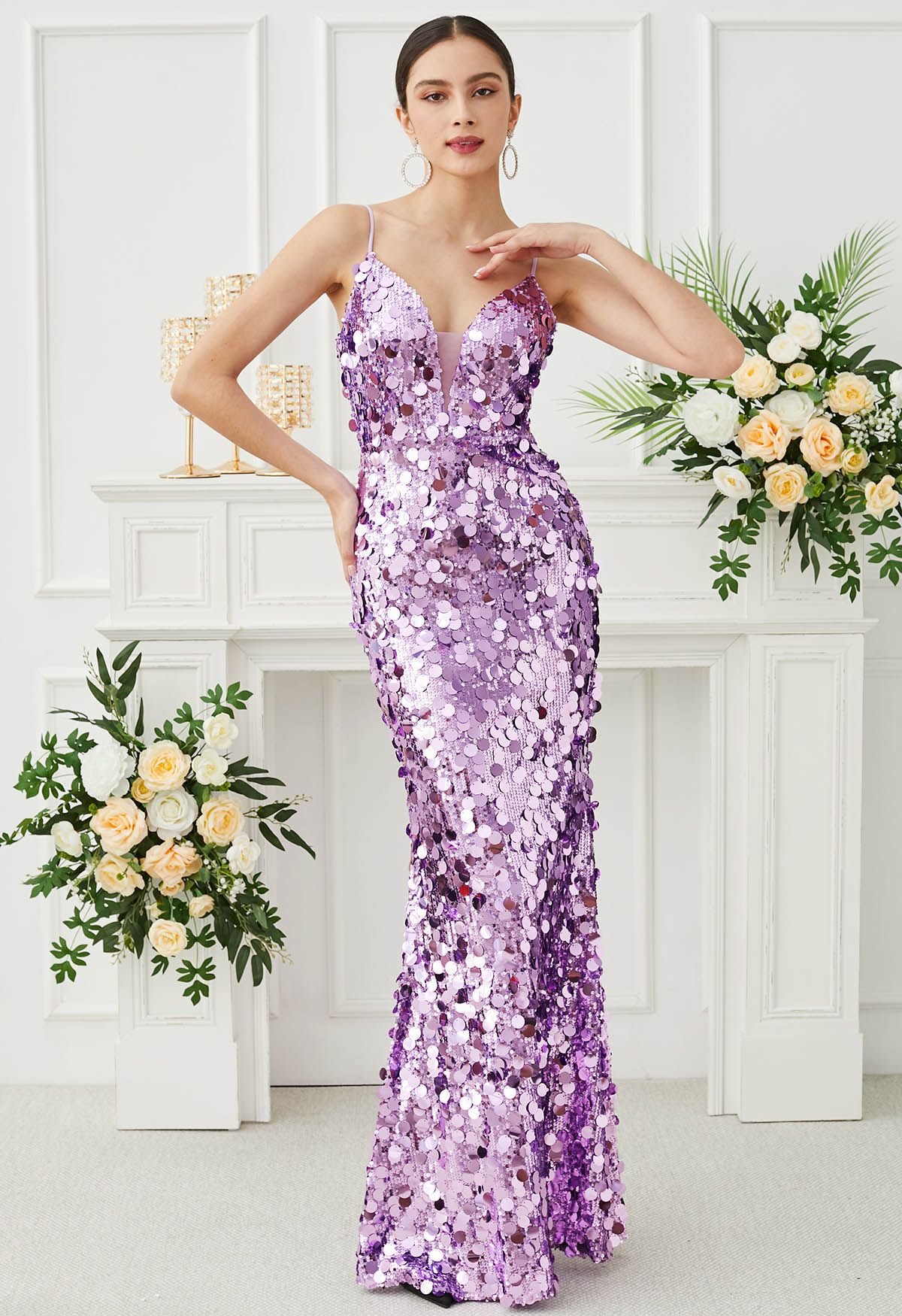 Deep V-Neck Sequin Mermaid Cami Gown in Lilac