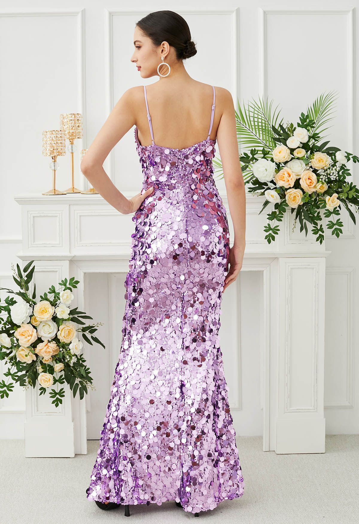 Deep V-Neck Sequin Mermaid Cami Gown in Lilac