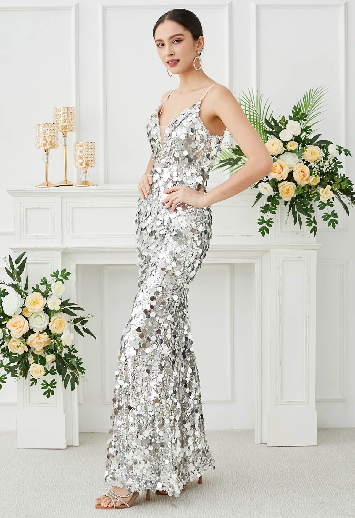 Deep V-Neck Sequin Mermaid Cami Gown in Silver