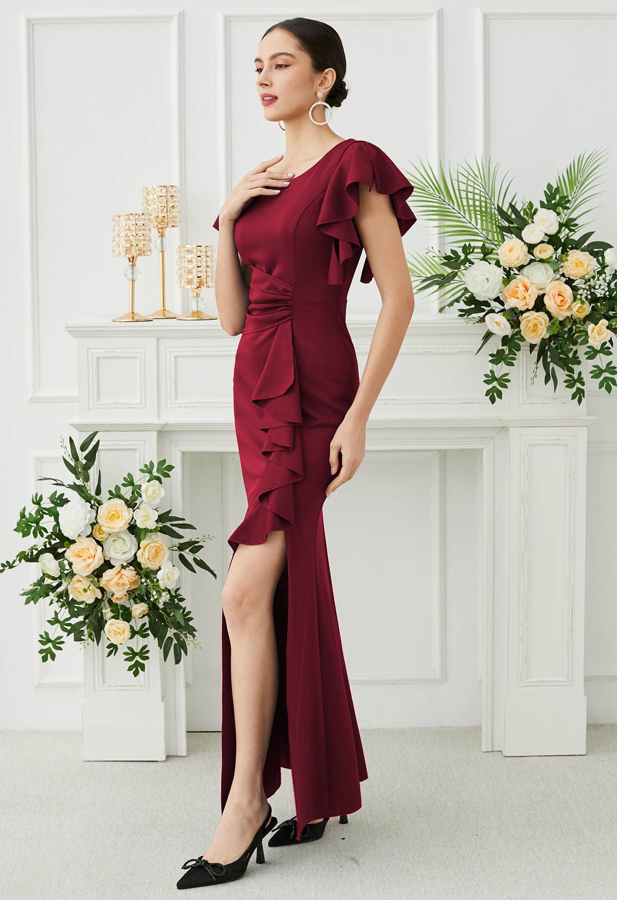 Cascade Ruffle Split Front Sleek Gown in Burgundy