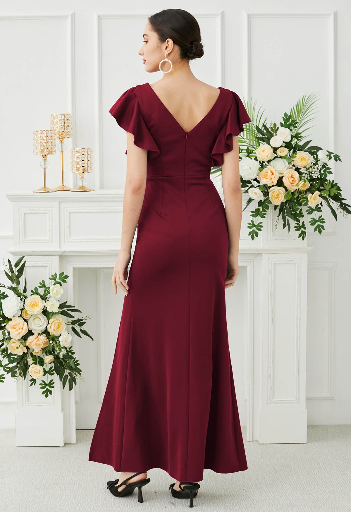 Cascade Ruffle Split Front Sleek Gown in Burgundy