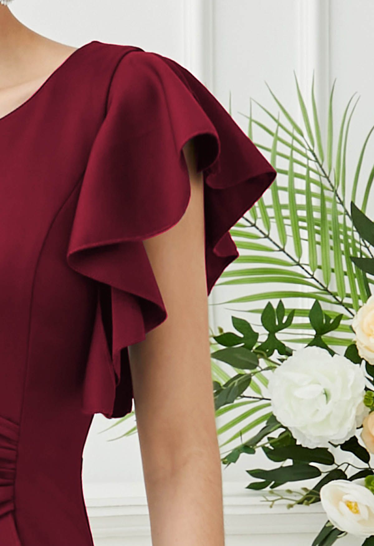 Cascade Ruffle Split Front Sleek Gown in Burgundy