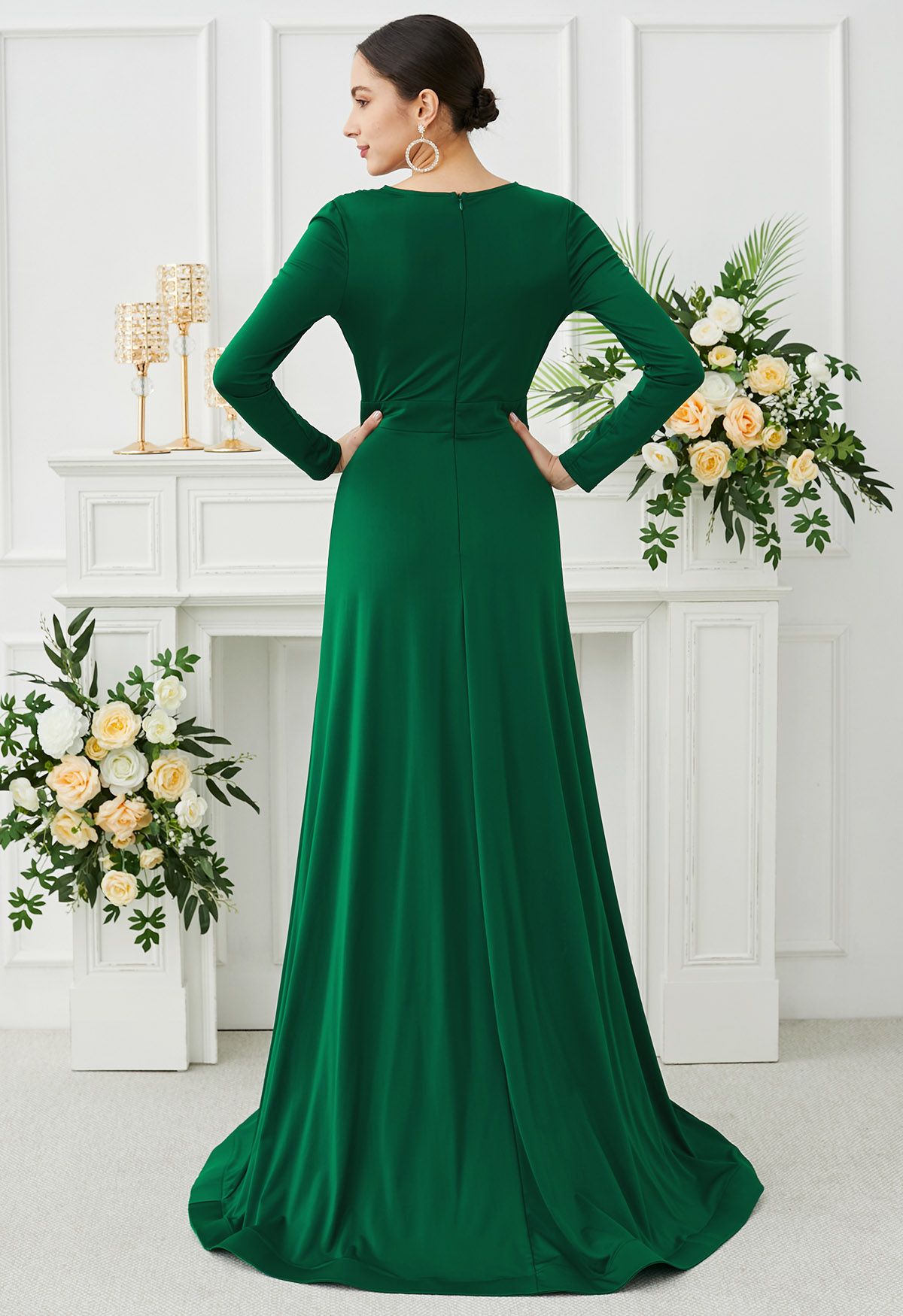 Deep V-Neck Front Split Maxi Gown in Green