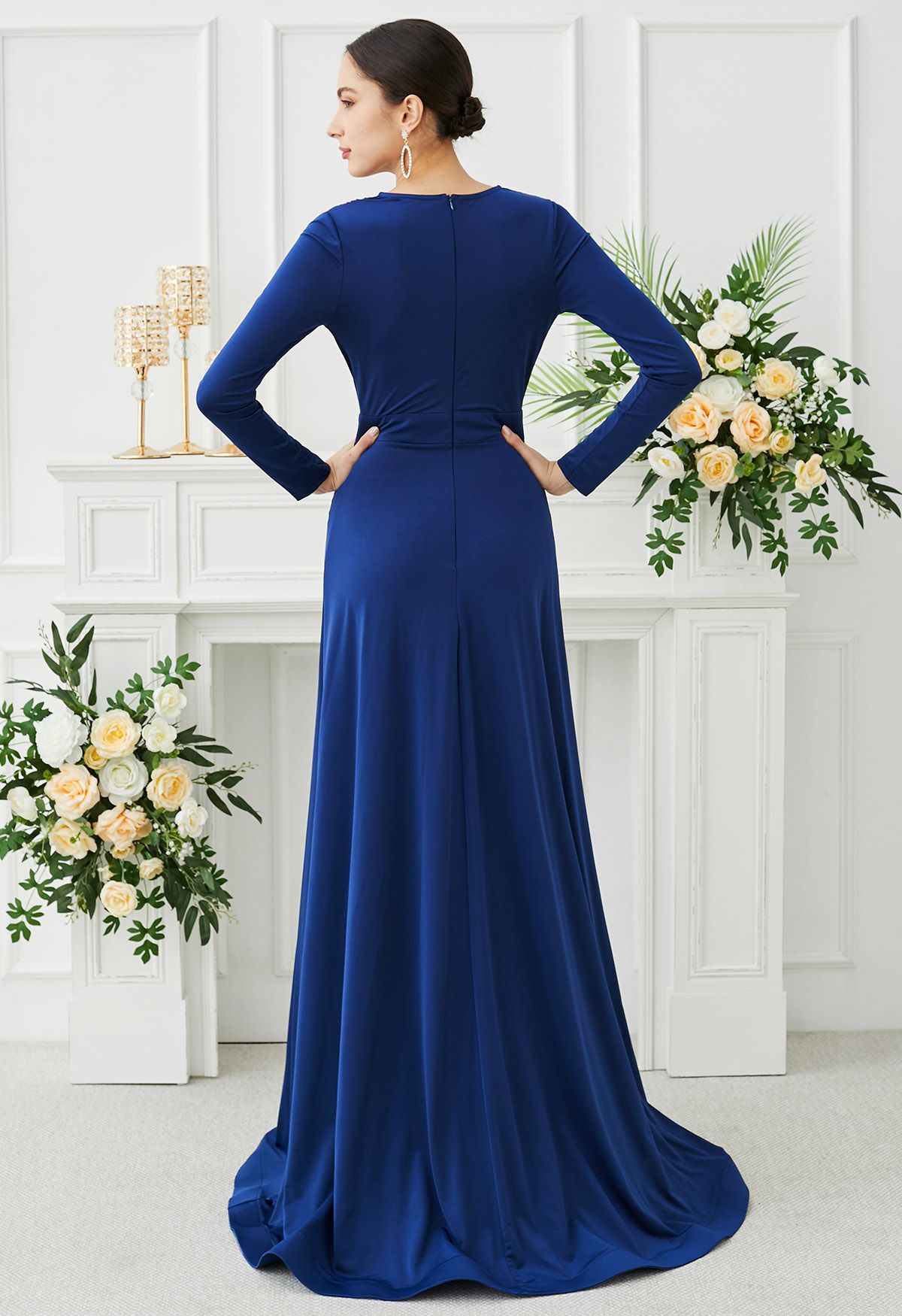 Deep V-Neck Front Split Maxi Gown in Navy